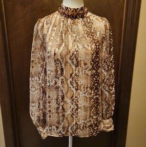 H&M Cream Tan Snakeskin Blouse with Flutter Sleeves NWT